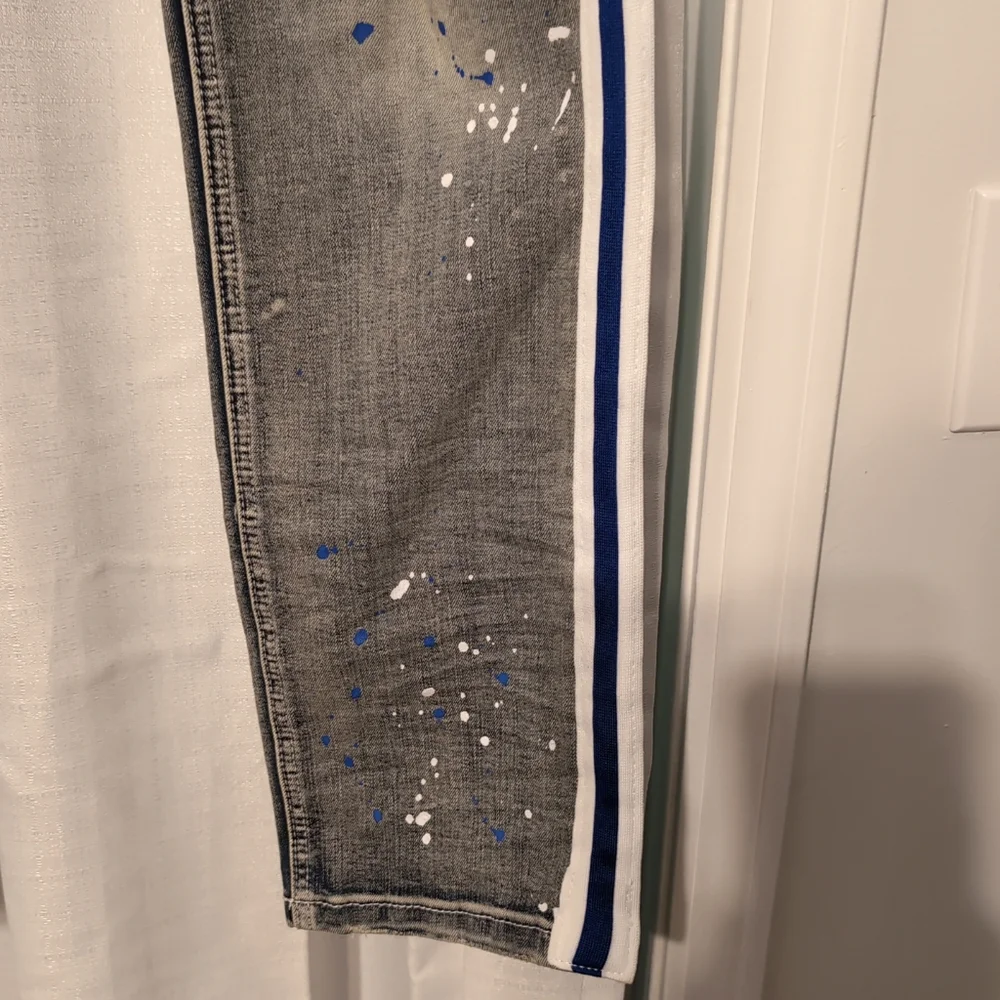 Blind Trust Men's‎ Straight Leg Distressed Jeans Blue & White Stripes Size 34/32